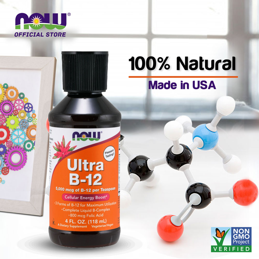 NOW Supplements, Ultra B-12, Liquid, 800 mcg Folic Acid, Cellular Energy Production*, 4-Ounce (118 ml) - Bloom Concept