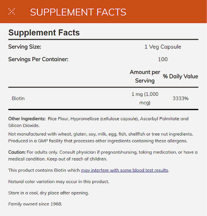 NOW Supplements, Biotin 1,000 mcg, Amino Acid Metabolism*, Energy Production*, 100 Capsules Vitamins &amp; Supplements NOW Foods USA