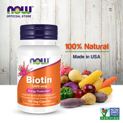 NOW Supplements, Biotin 1,000 mcg, Amino Acid Metabolism*, Energy Production*, 100 Capsules Vitamins &amp; Supplements NOW Foods USA