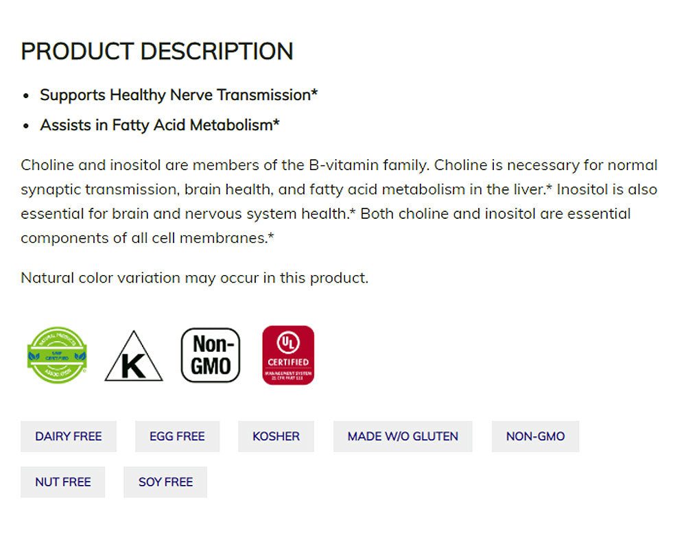 NOW Supplements, Choline & Inositol 500 mg, Healthy Nerve Transmission*, Nervous System Health*, 100 Capsules - Bloom Concept