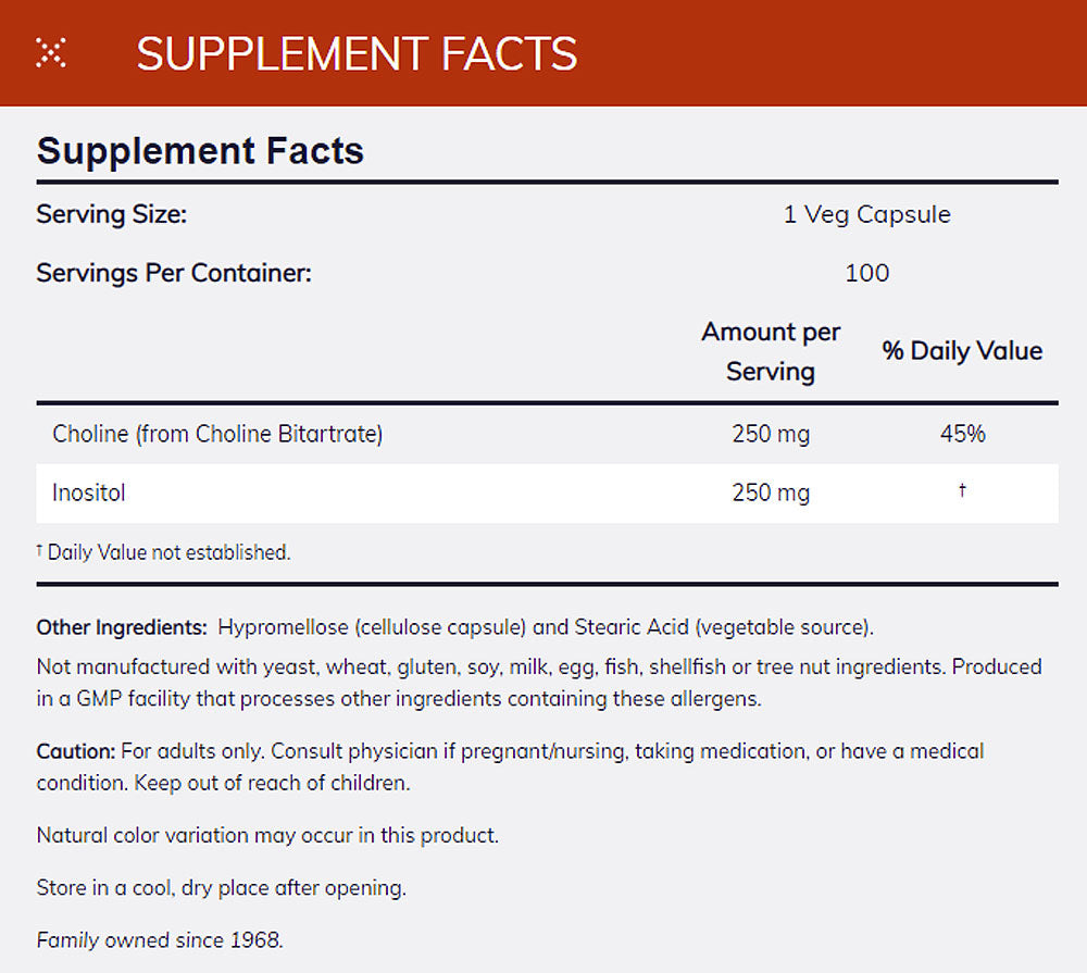 NOW Supplements, Choline & Inositol 500 mg, Healthy Nerve Transmission*, Nervous System Health*, 100 Capsules - Bloom Concept