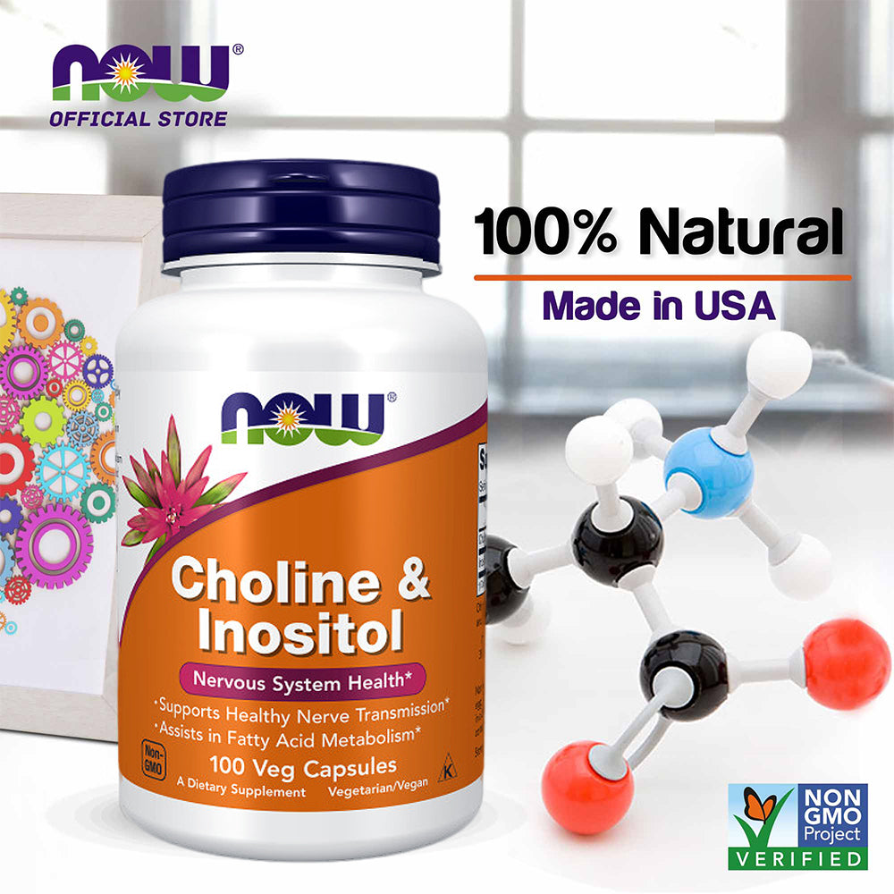 NOW Supplements, Choline &amp; Inositol 500 mg, Healthy Nerve Transmission*, Nervous System Health*, 100 Capsules Vitamins &amp; Supplements NOW Foods USA