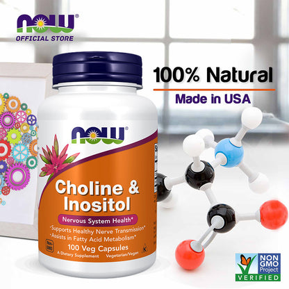 NOW Supplements, Choline &amp; Inositol 500 mg, Healthy Nerve Transmission*, Nervous System Health*, 100 Capsules Vitamins &amp; Supplements NOW Foods USA