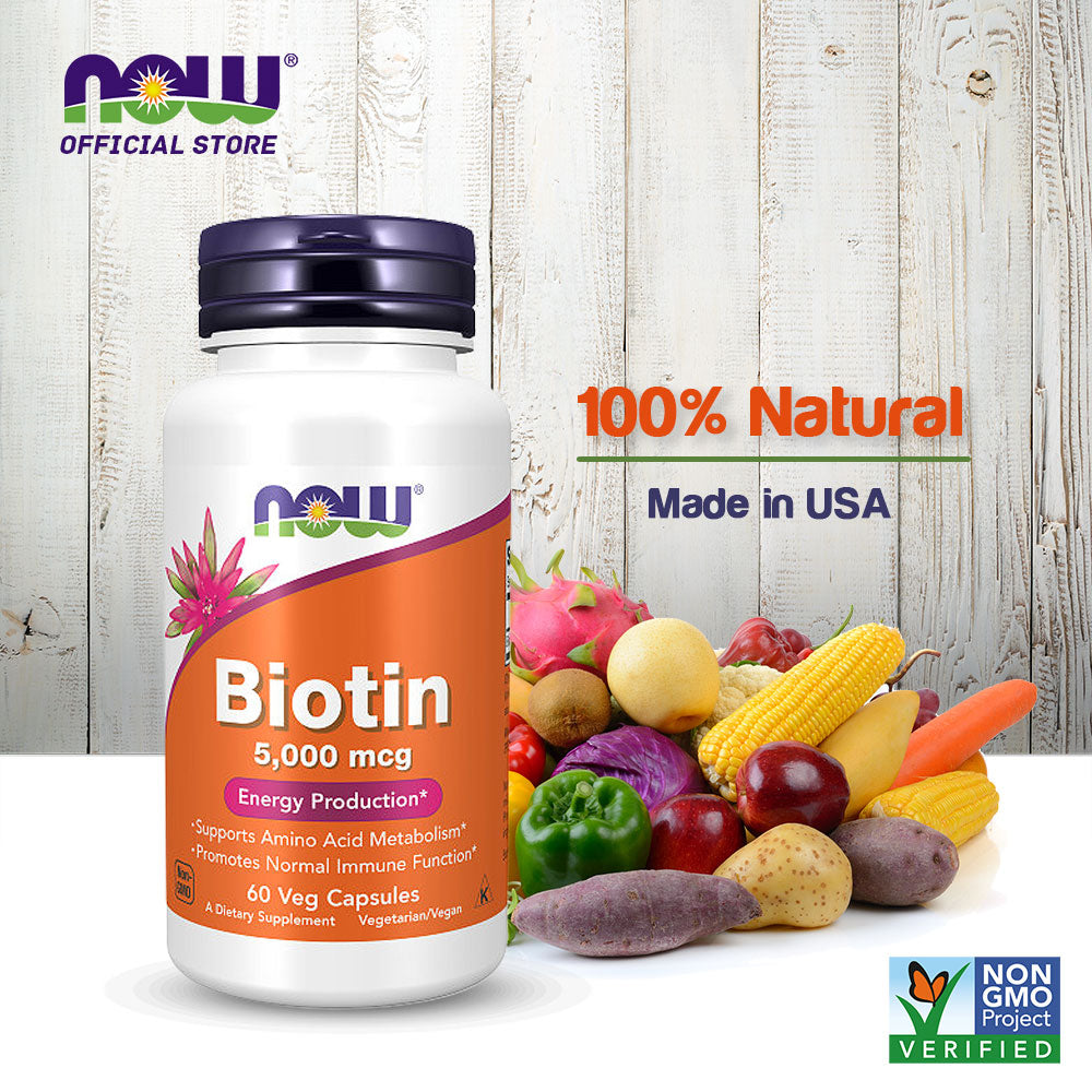 NOW FOODS Supplements, Biotin 5,000 mcg, Amino Acid Metabolism*, Energy Production*, 60 Veg Capsules - Bloom Concept