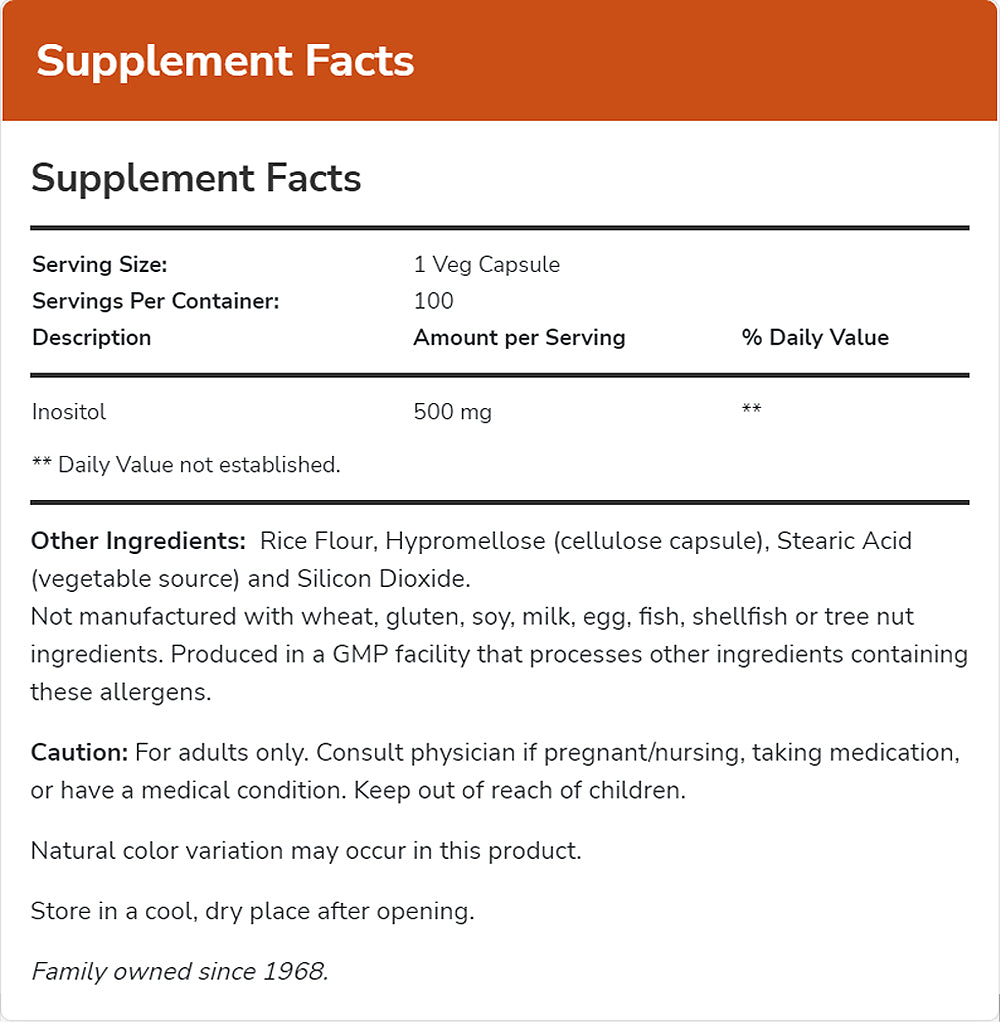 NOW Supplements, Inositol 500 mg, Healthy Membrane Function*, Cellular Health*, 100 Veg Capsules Vitamins &amp; Supplements NOW Foods USA