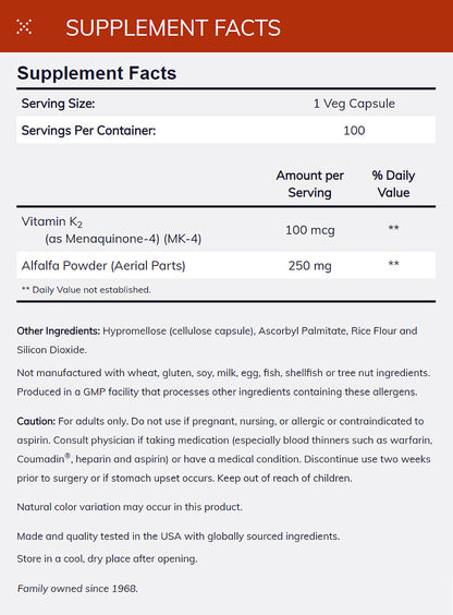 NOW Supplements, Vitamin K-2 100 mcg, Menaquinone-4 (MK-4), Supports Bone Health*, 100 Veg Capsules Vitamins &amp; Supplements NOW Foods USA