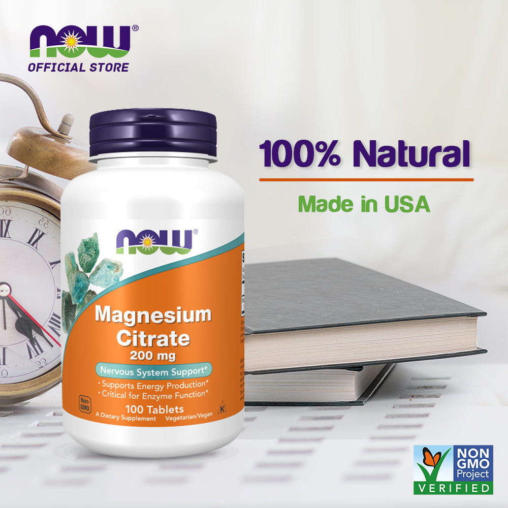 NOW Supplements, Magnesium Citrate 200 mg, Enzyme Function*, Nervous System Support*, 100 Tablets - Bloom Concept