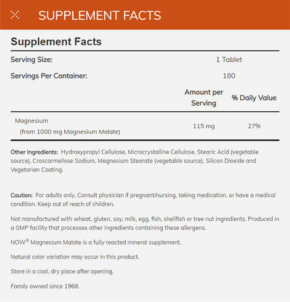 NOW Supplements, Magnesium Malate 1000 mg, Energy Production*, Nervous System Support*, 180 Tablets Vitamins &amp; Supplements NOW Foods USA