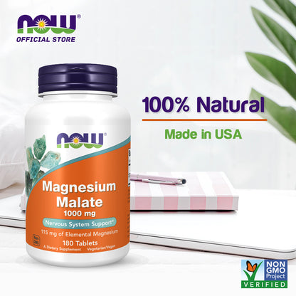 NOW Supplements, Magnesium Malate 1000 mg, Energy Production*, Nervous System Support*, 180 Tablets Vitamins &amp; Supplements NOW Foods USA