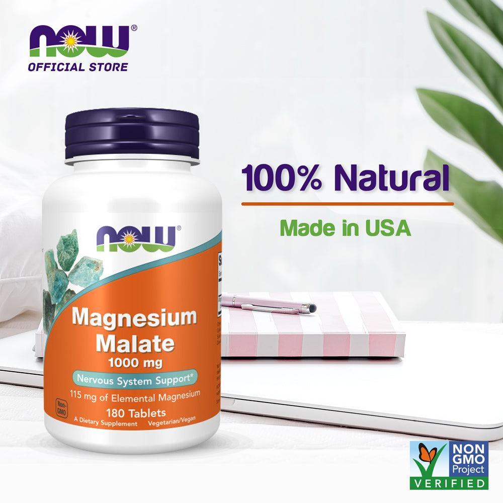 NOW Supplements, Magnesium Malate 1000 mg, Energy Production*, Nervous System Support*, 180 Tablets - Bloom Concept