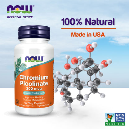 NOW Supplements, Chromium Picolinate 200 mcg, Insulin Co-Factor*, 100 Veg Capsules Vitamins &amp; Supplements NOW Foods USA