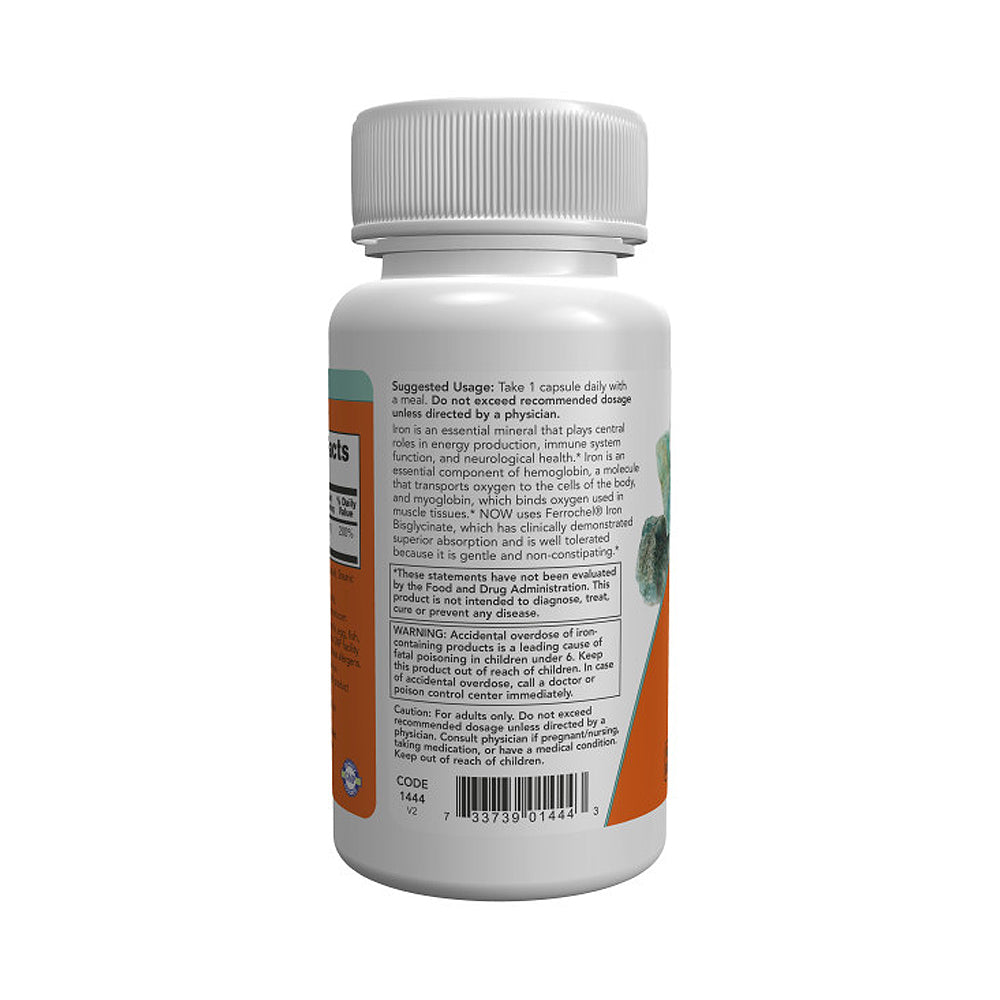 NOW Supplements, Iron 36 mg, Double Strength, Non-Constipating*, Essential Mineral, 90 Veg Capsules - Bloom Concept