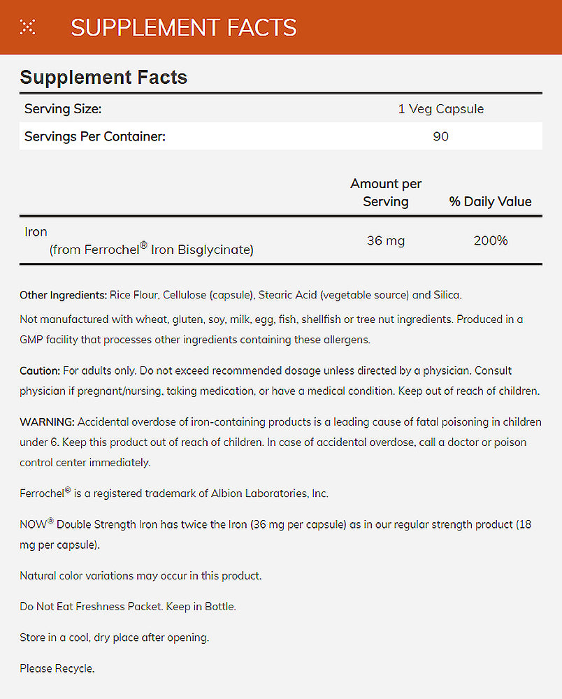 NOW Supplements, Iron 36 mg, Double Strength, Non-Constipating*, Essential Mineral, 90 Veg Capsules Vitamins &amp; Supplements NOW Foods USA