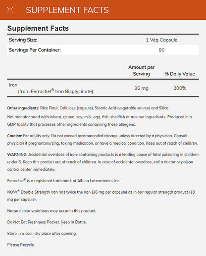 NOW Supplements, Iron 36 mg, Double Strength, Non-Constipating*, Essential Mineral, 90 Veg Capsules Vitamins &amp; Supplements NOW Foods USA