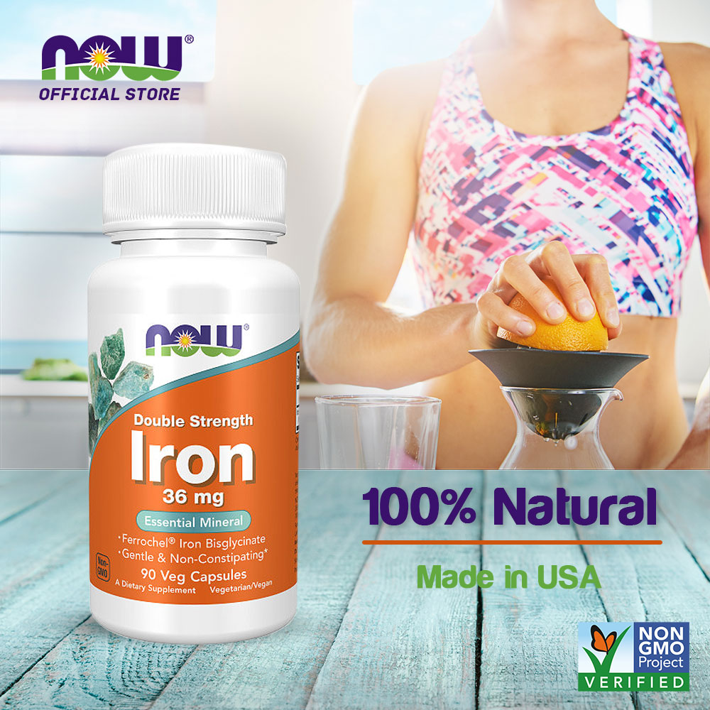 NOW Supplements, Iron 36 mg, Double Strength, Non-Constipating*, Essential Mineral, 90 Veg Capsules Vitamins &amp; Supplements NOW Foods USA