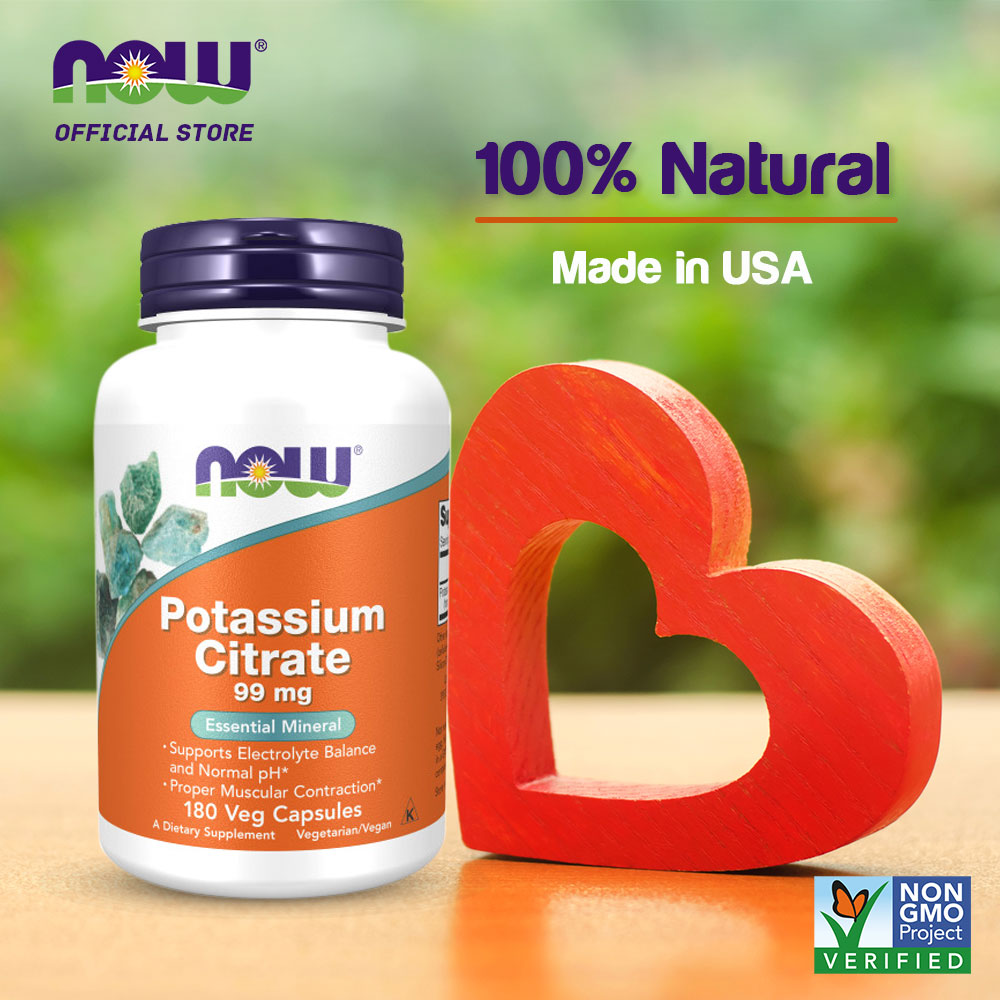NOW Supplements, Potassium Citrate 99 mg, Supports Electrolyte Balance and Normal pH*, Essential Mineral, 180 Veg Capsules - Bloom Concept