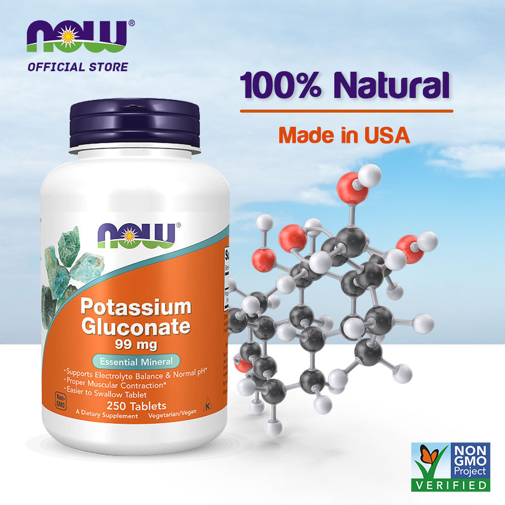 NOW Supplements, Potassium Gluconate 99mg, Easier to Swallow, Essential Mineral*, 250 Tablets - Bloom Concept