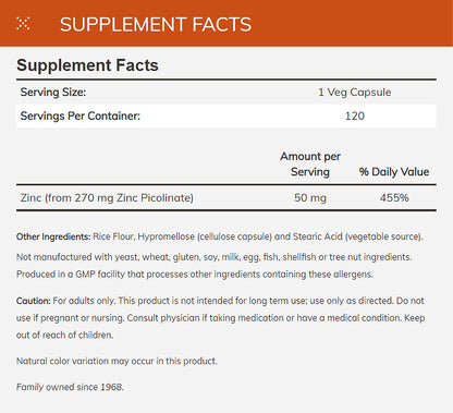 NOW Supplements, Zinc Picolinate 50 mg, Supports Enzyme Functions*, Immune Support*, 120 Veg Capsules Vitamins &amp; Supplements NOW Foods USA