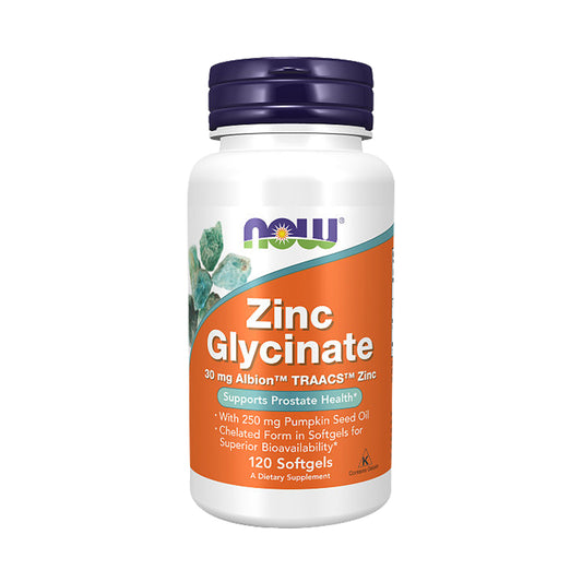 NOW Supplements, Zinc Glycinate with 250 mg Pumpkin Seed Oil, Supports Prostate Health*, 120 Softgels - Bloom Concept