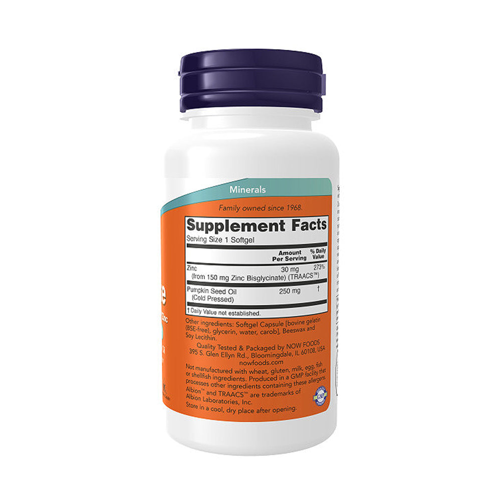 NOW Supplements, Zinc Glycinate with 250 mg Pumpkin Seed Oil, Supports Prostate Health*, 120 Softgels Vitamins &amp; Supplements NOW Foods USA