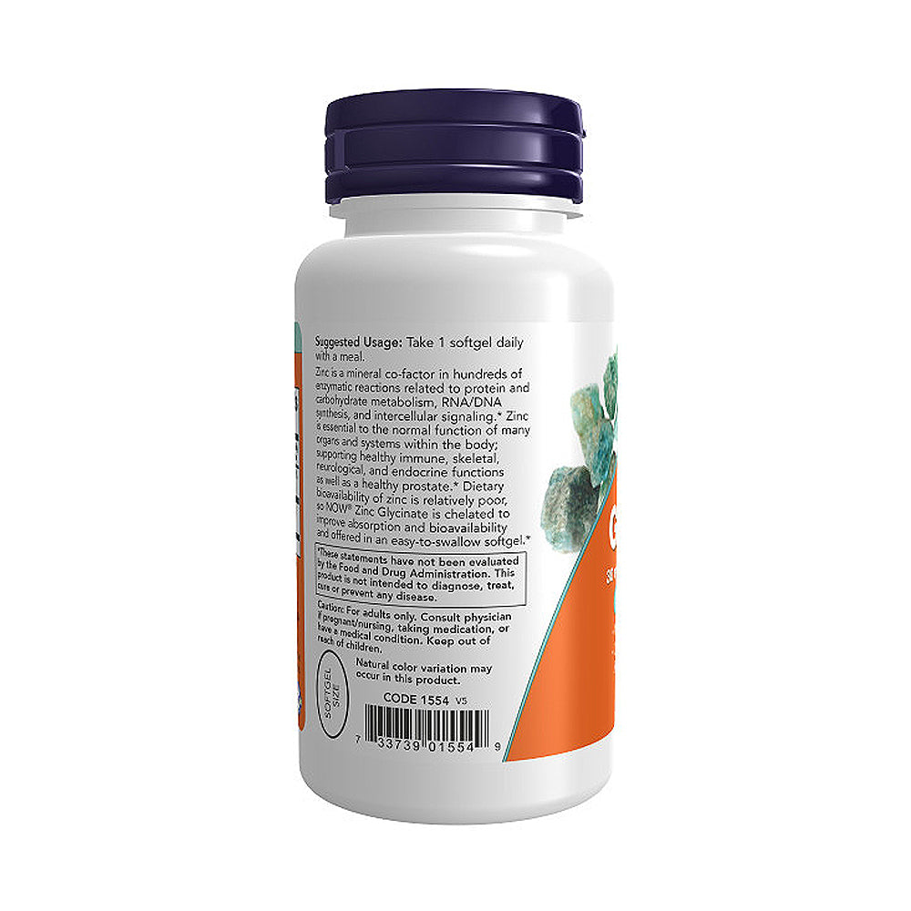 NOW Supplements, Zinc Glycinate with 250 mg Pumpkin Seed Oil, Supports Prostate Health*, 120 Softgels - Bloom Concept