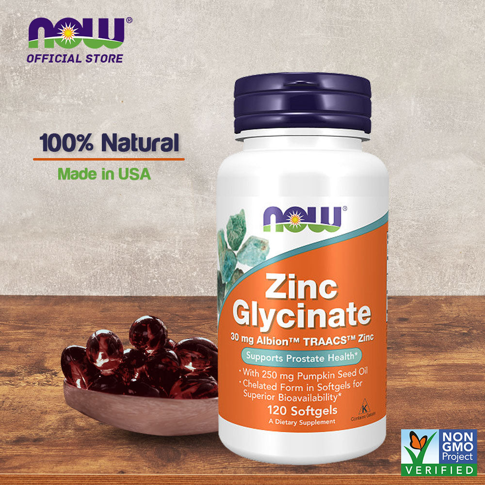 NOW Supplements, Zinc Glycinate with 250 mg Pumpkin Seed Oil, Supports Prostate Health*, 120 Softgels Vitamins &amp; Supplements NOW Foods USA