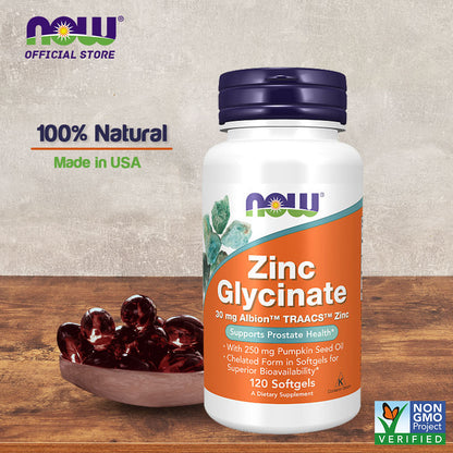 NOW Supplements, Zinc Glycinate with 250 mg Pumpkin Seed Oil, Supports Prostate Health*, 120 Softgels Vitamins &amp; Supplements NOW Foods USA