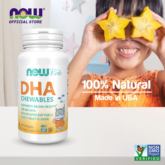 NOW Supplements, DHA Kids 100 mg, Supports Brain Health*, Fruit Flavor, 60 Chewable Softgels, (packaging may vary) - Bloom Concept