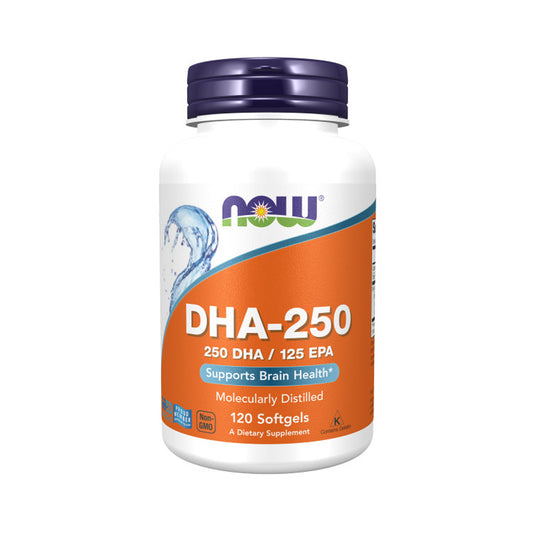 NOW Supplements, DHA-250 with 125 EPA, Molecularly Distilled, Supports Brain Health*, 120 Softgels - Bloom Concept