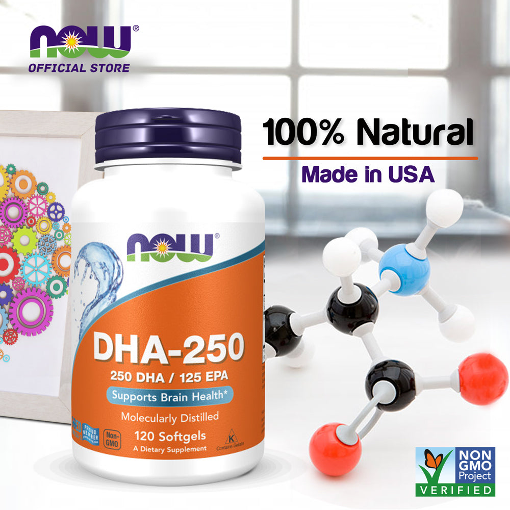 NOW Supplements, DHA-250 with 125 EPA, Molecularly Distilled, Supports Brain Health*, 120 Softgels - Bloom Concept