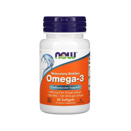 NOW Supplements, Omega-3 180 EPA / 120 DHA, Molecularly Distilled, Cardiovascular Support*, 30 Softgels - Bloom Concept