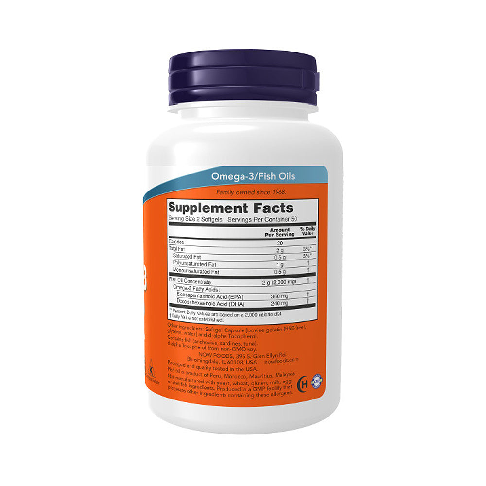 NOW Supplements, Omega-3 180 EPA / 120 DHA, Molecularly Distilled, Cardiovascular Support*, 100 Softgels - Bloom Concept