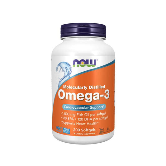 NOW Supplements, Omega-3 180 EPA / 120 DHA, Molecularly Distilled, Cardiovascular Support*, 200 Softgels - Bloom Concept