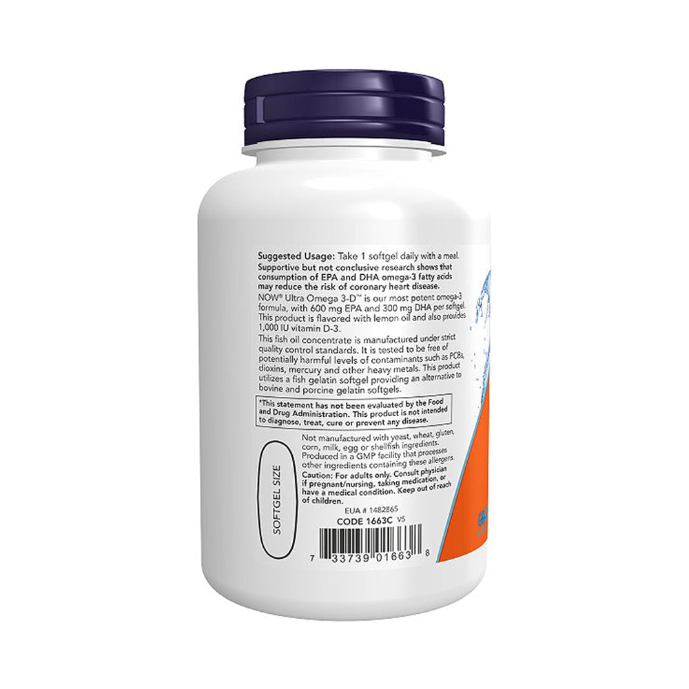 NOW Supplements, Ultra Omega 3-D™, Omega-3 Fish Oil + Vitamin D-3, Cardiovascular Support*, 90 Softgels - Bloom Concept