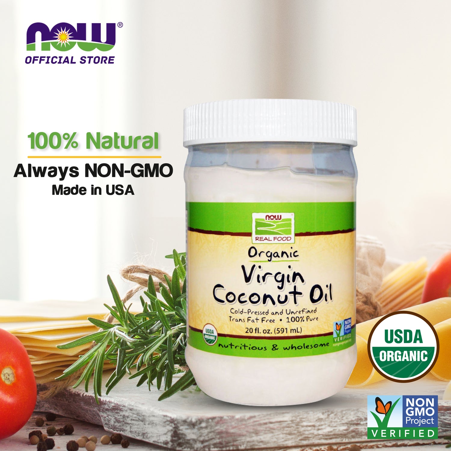 NOW Foods, Certified Organic Virgin Coconut Cooking Oil, Cold-Presesed and Unrefined, Trans Fat Free, 100% Pure and Certified Non-GMO, 20-Ounce (591ml) - Bloom Concept