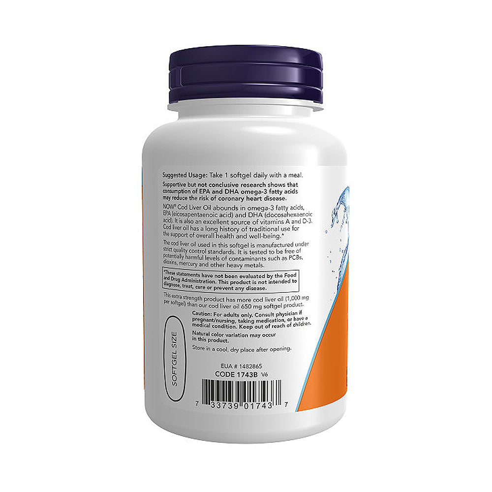 NOW Supplements, Cod Liver Oil, Extra Strength 1,000 mg with Vitamins A & D-3, EPA, DHA, 90 Softgels - Bloom Concept