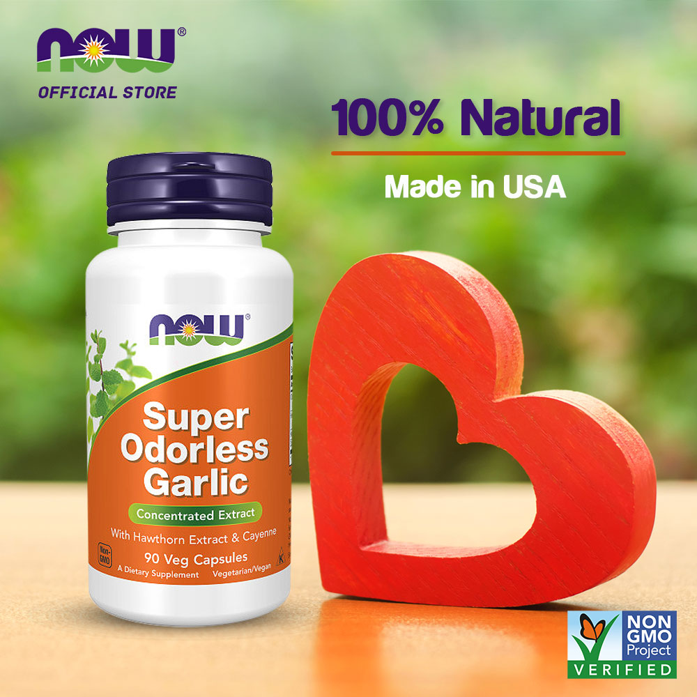 NOW Supplements, Super Odorless Garlic with Hawthorn Extract and Cayenne, 90 Veg Capsules - Bloom Concept