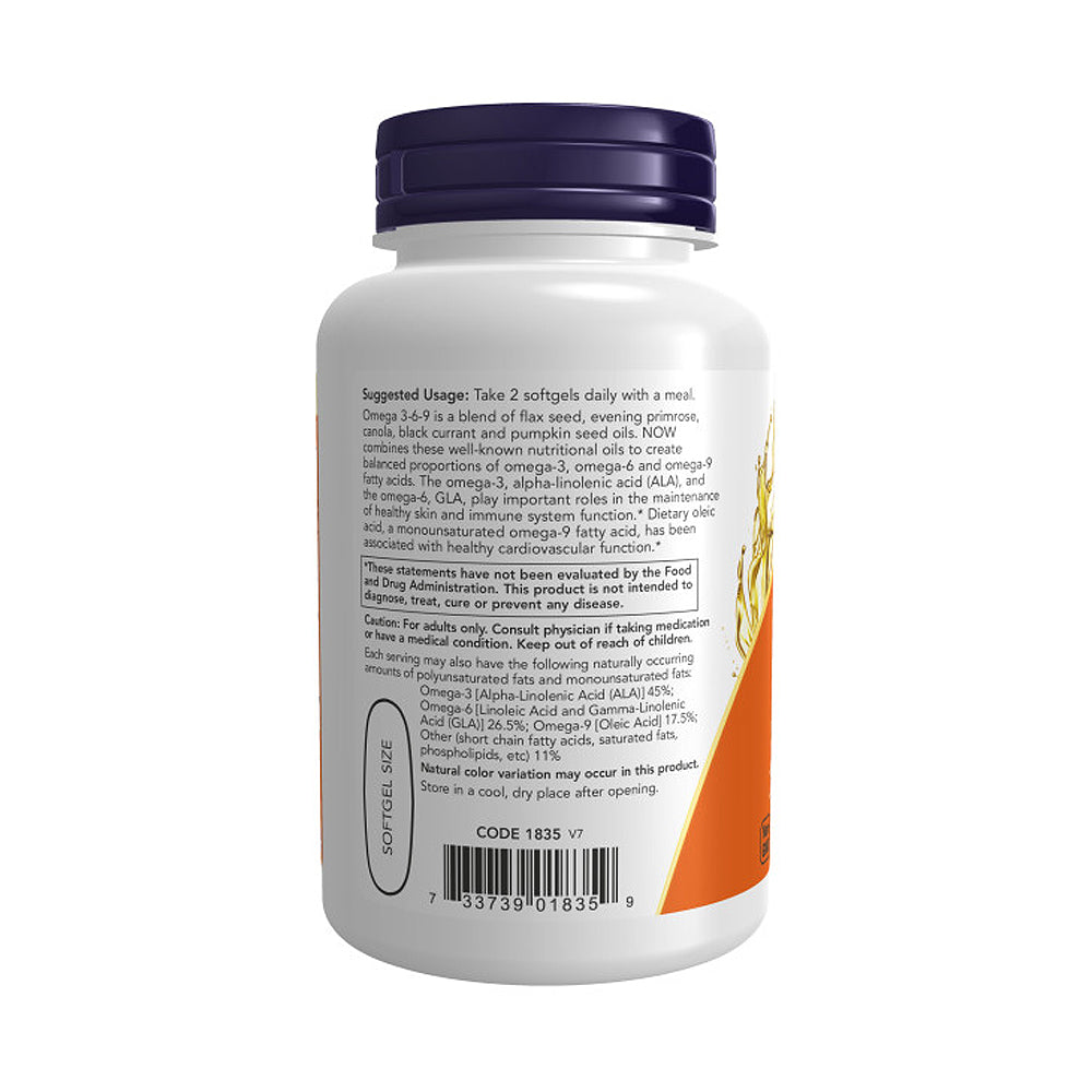 NOW Supplements, Omega 3-6-9 1000 mg with a blend of Flax Seed, Evening Primrose, Canola, Black Currant and Pumpkin Seed Oils, 100 Softgels - Bloom Concept