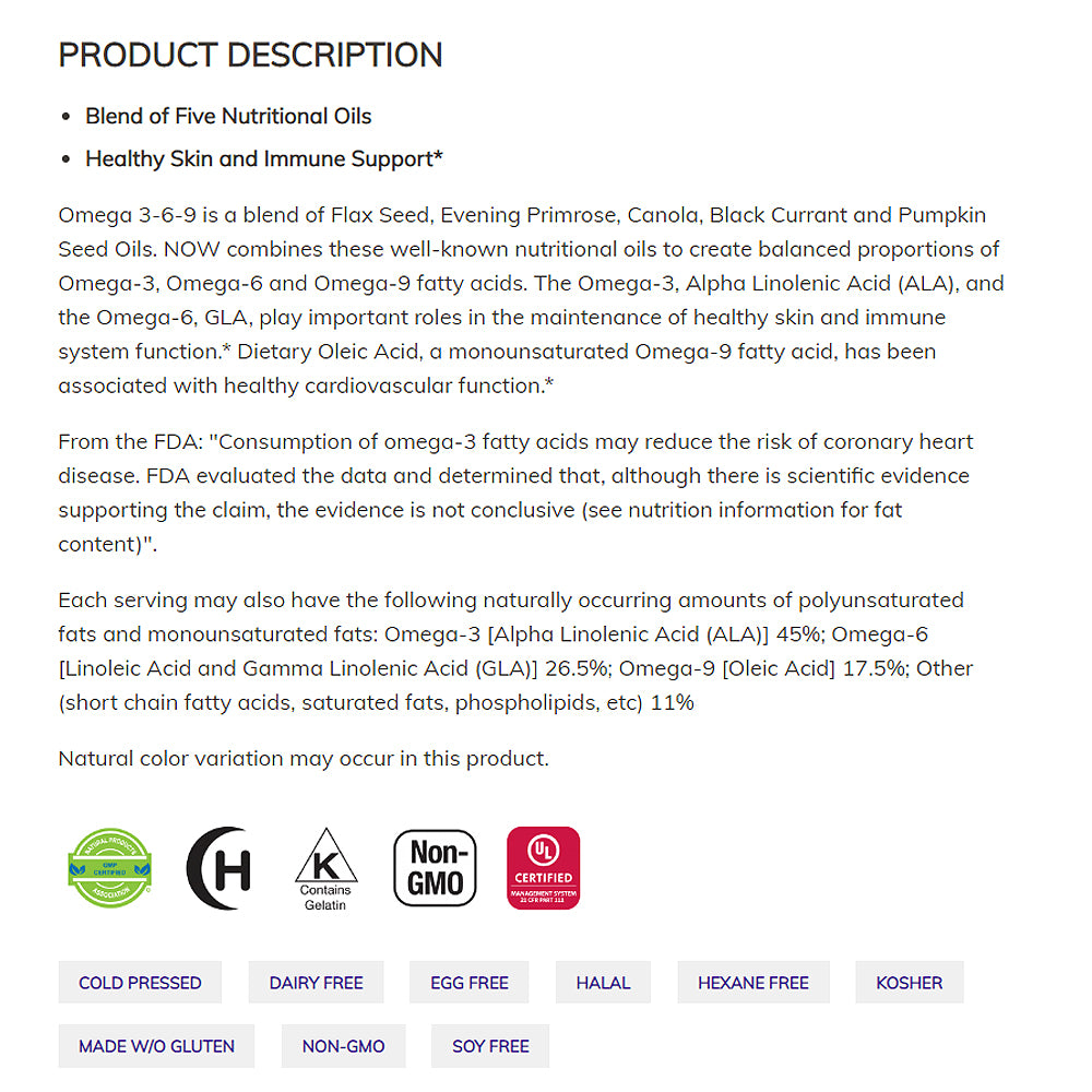 NOW Supplements, Omega 3-6-9 1000 mg with a blend of Flax Seed, Evening Primrose, Canola, Black Currant and Pumpkin Seed Oils, 100 Softgels - Bloom Concept