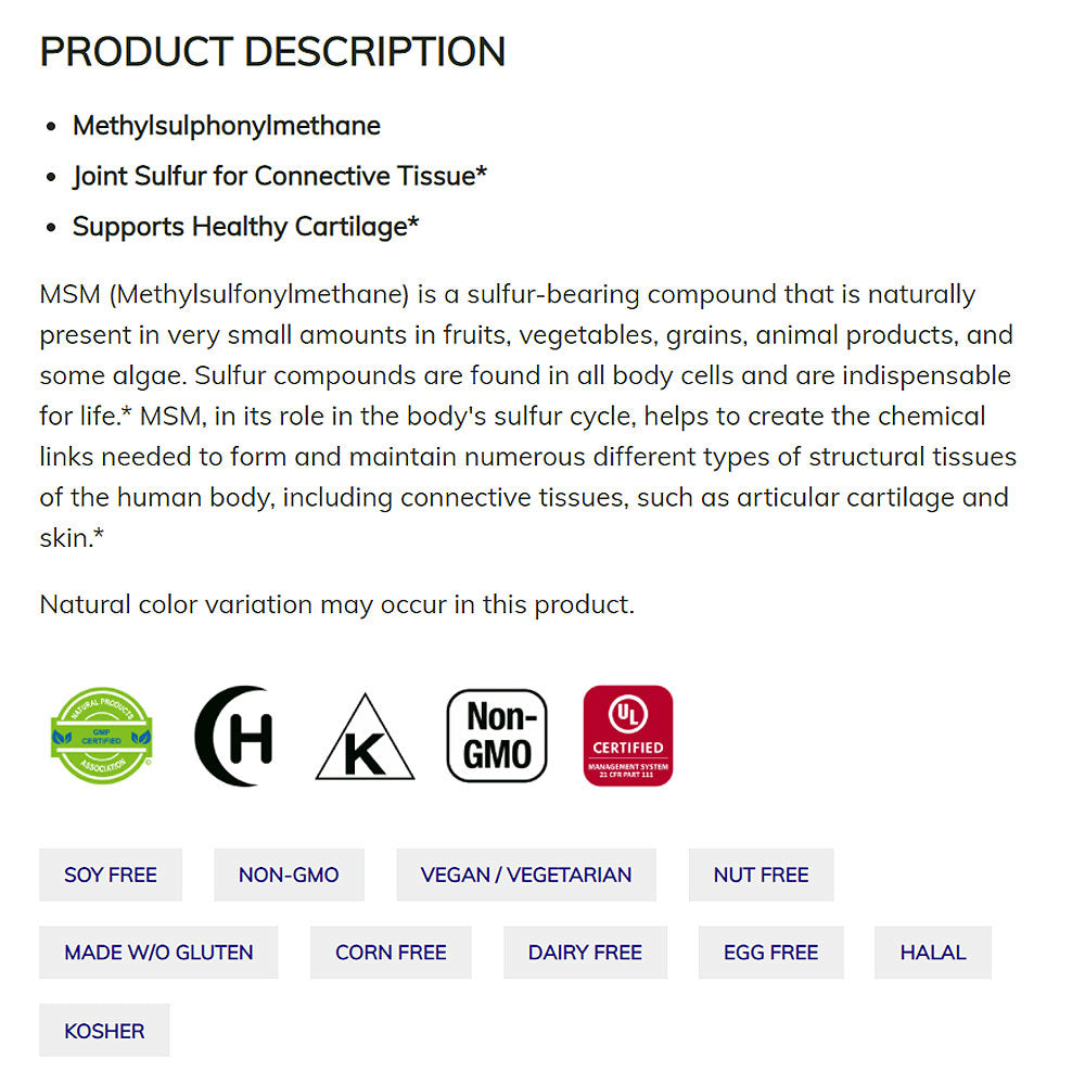 NOW Supplements, MSM (Methylsulfonylmethane) 1,000 mg, Joint Health*, 120 Veg Capsules Vitamins &amp; Supplements NOW Foods USA