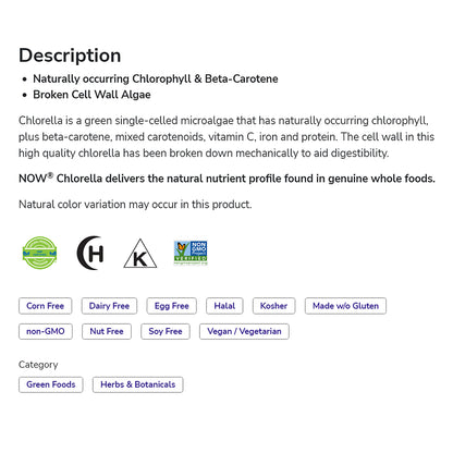 NOW Supplements, Chlorella 1000 mg with naturally occurring Chlorophyll, Beta-Carotene, mixed Carotenoids, Vitamin C, Iron and Protein, 60 Tablets Vitamins &amp; Supplements NOW Foods USA