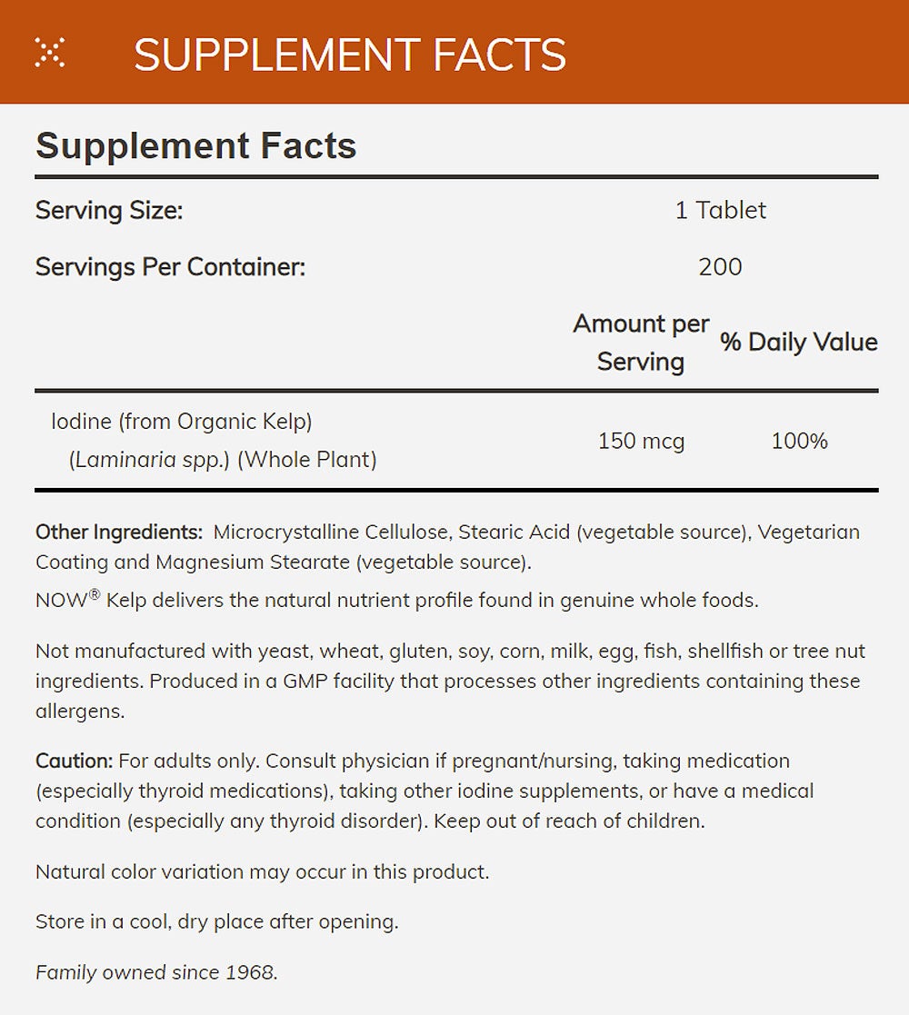 NOW Supplements, Kelp 150 mcg of Natural Iodine, Easier to Swallow Tablet, Super Green, 200 Tablets - Bloom Concept