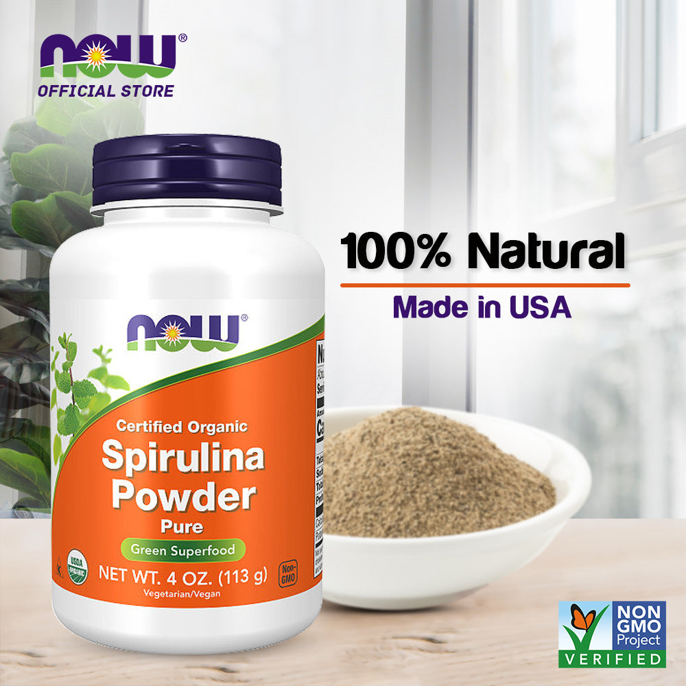 NOW Supplements, Certified Organic, Spirulina Powder, Rich in Beta-Carotene (Vitamin A) and B-12 with naturally occurring GLA & Chlorophyll, 4-Ounce(113g) - Bloom Concept