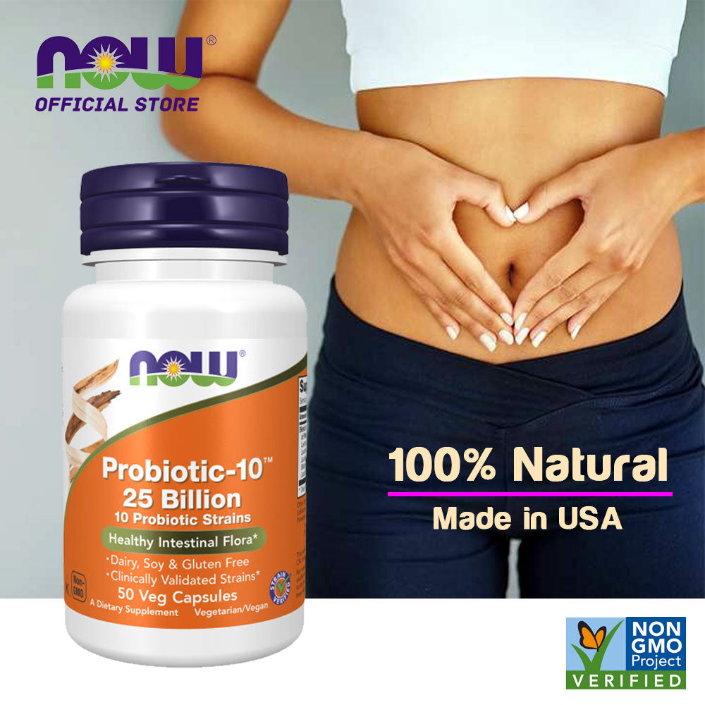 NOW Supplements, Probiotic-10™ 25 Billion, with 10 Probiotic Strains, Dairy, Soy and Gluten Free, Strain Verified, 50 Veg Capsules - Bloom Concept