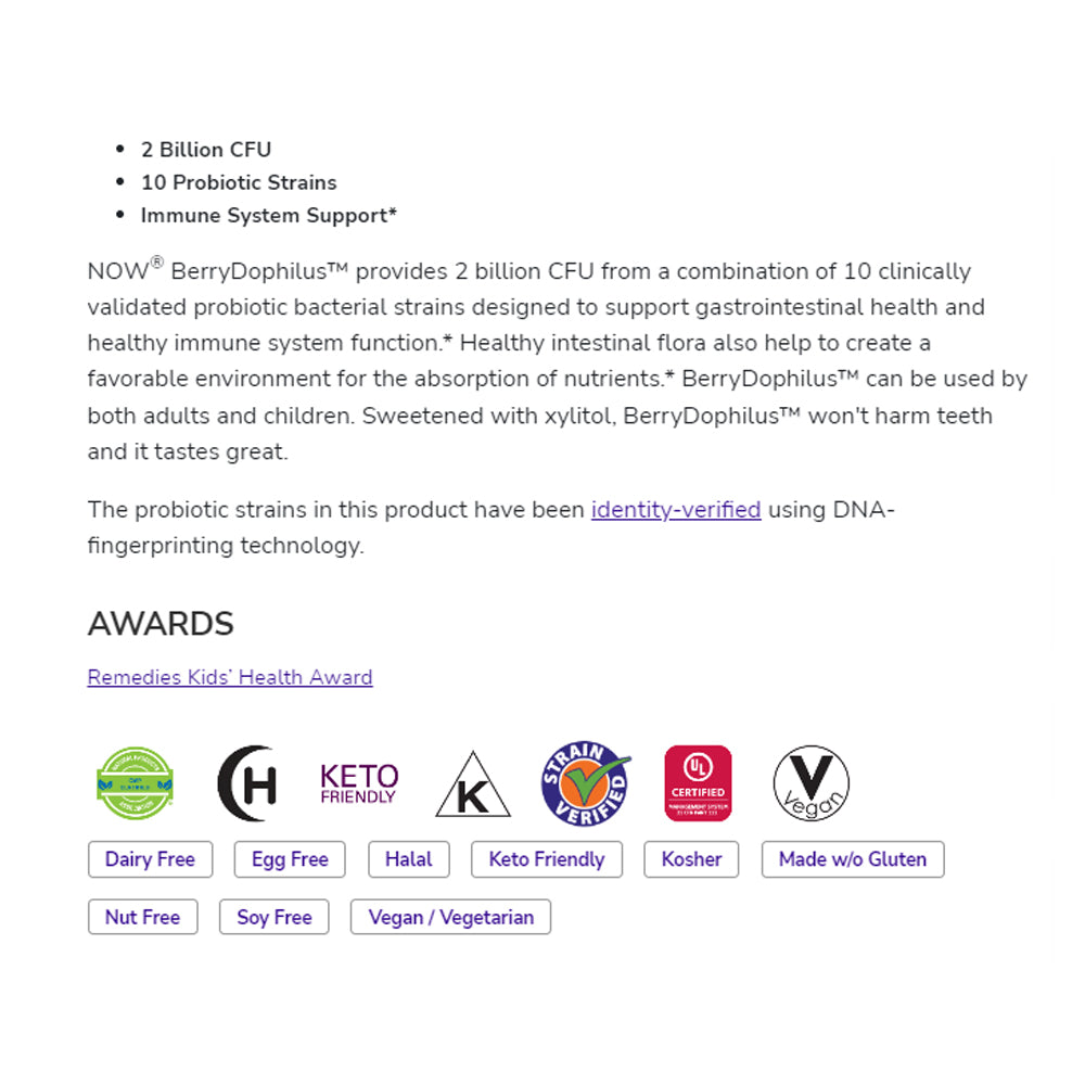 NOW Supplements, Kids BerryDophilus with 2 Billion, 10 Probiotic Strains, Xylitol Sweetened, Strain Verified, 60 Chewables - Bloom Concept