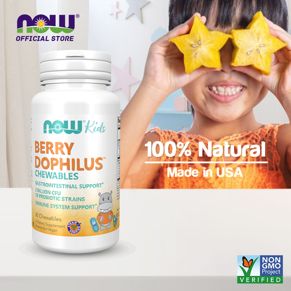 NOW Supplements, Kids BerryDophilus with 2 Billion, 10 Probiotic Strains, Xylitol Sweetened, Strain Verified, 60 Chewables--Best by 01/24 - Bloom Concept
