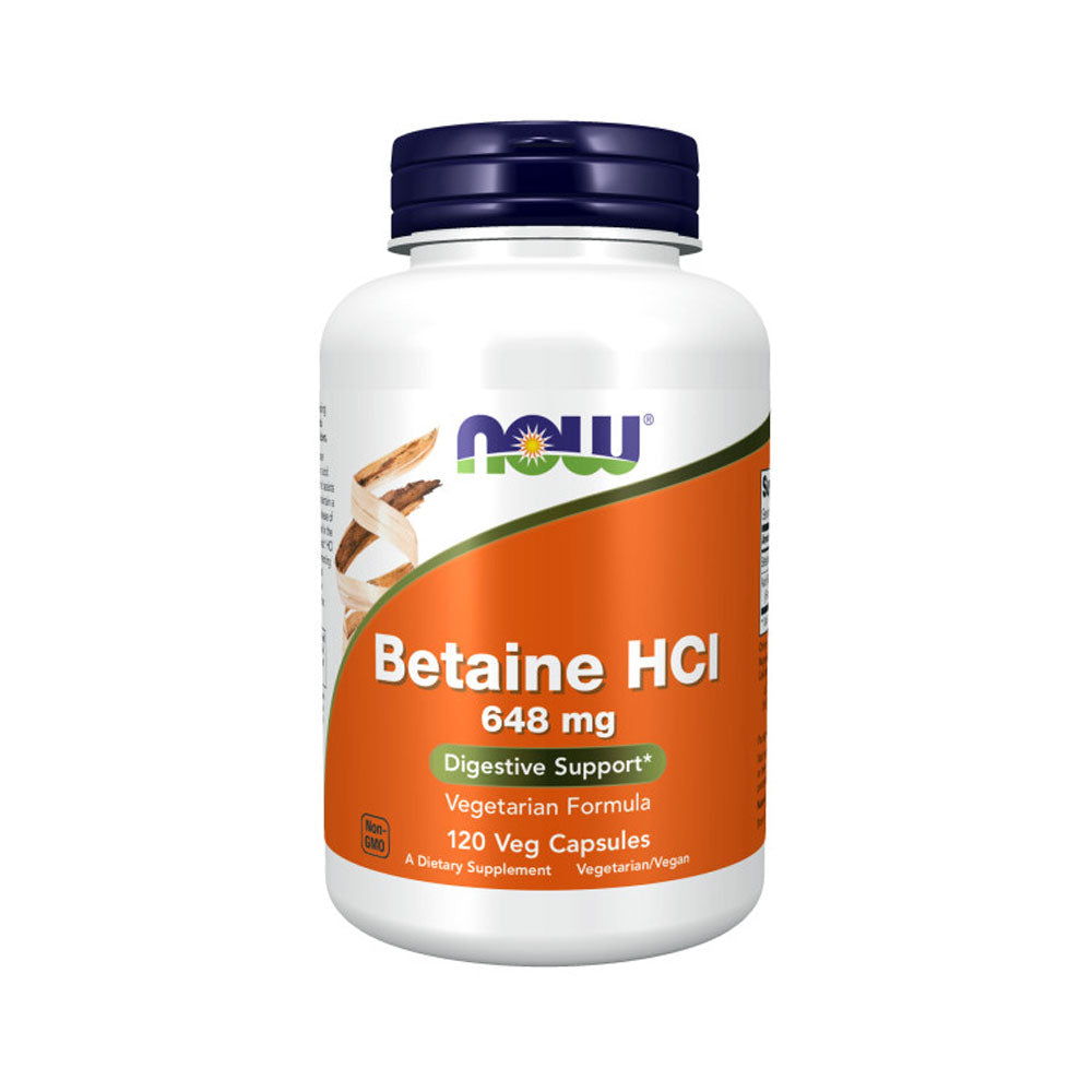 NOW Supplements, Betaine HCl 648 mg, Vegetarian Formula, Digestive Support*, 120 Veg Capsules - Bloom Concept
