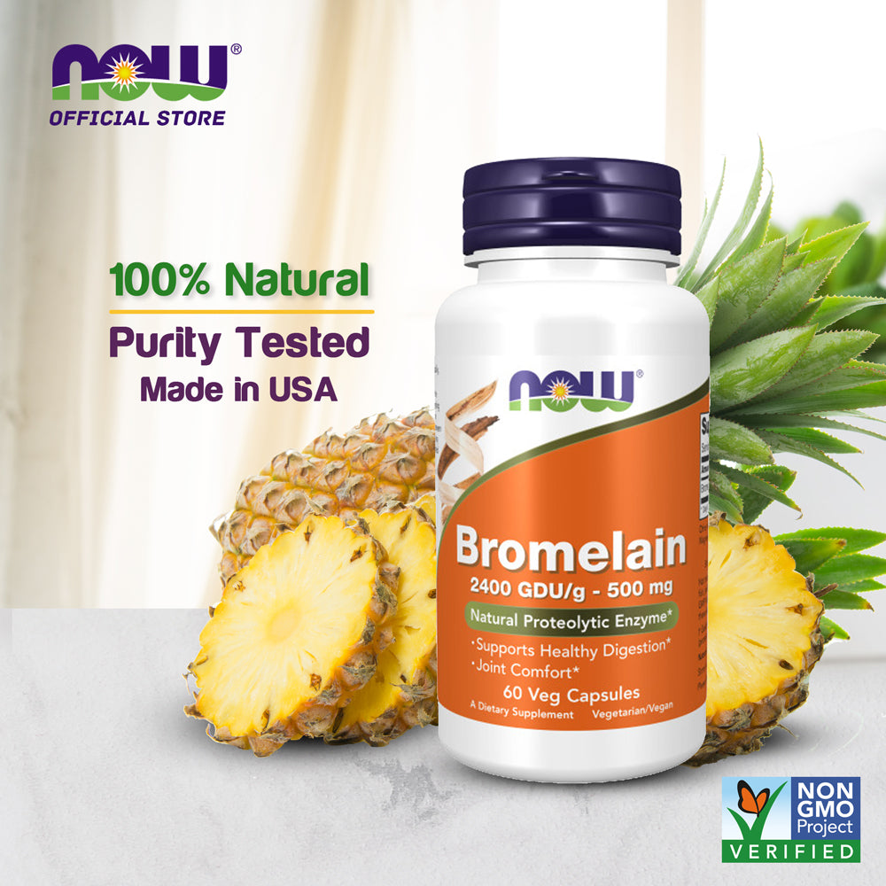 NOW Supplements, Bromelain (Natural Proteolytic Enzyme) 2,400 GDU/g - 500 mg, Natural Proteolytic Enzyme*, 60 Veg Capsules - Bloom Concept