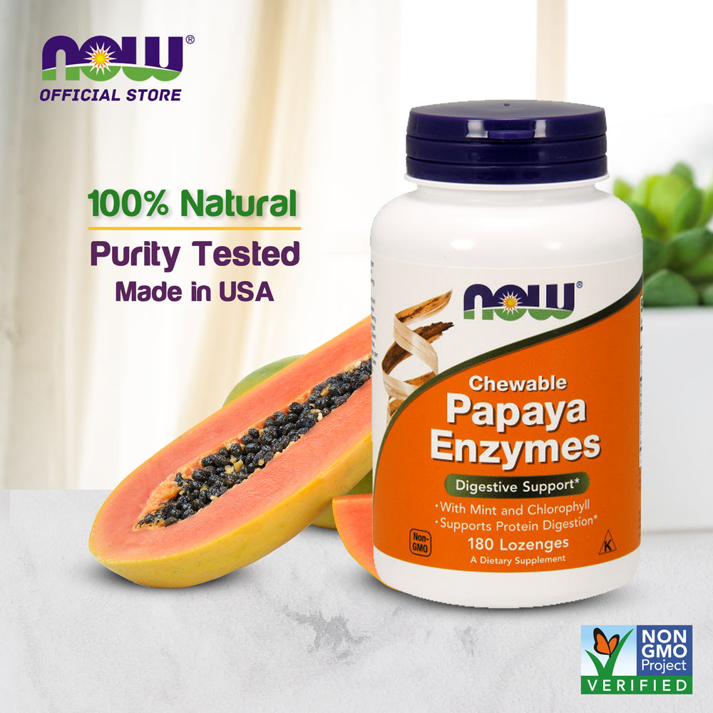 NOW Supplements, Papaya Enzyme with Mint and Chlorophyll, Digestive Support*, 180 Chewable Lozenges - Bloom Concept