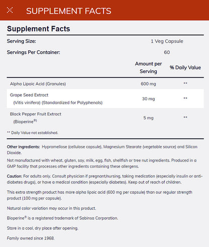 NOW Supplements, Alpha Lipoic Acid 600 mg with Grape Seed Extract &amp; Bioperine, Extra Strength, 60 Veg Capsules Vitamins &amp; Supplements NOW Foods USA